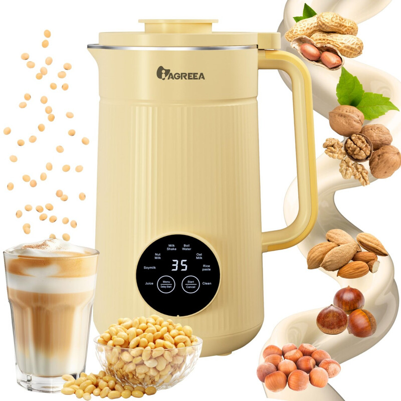 IAGREEA 8-in-1 notenmelkmaker, 35 oz sojamelkmaker, voor haverdranken, sojadranken, plantaardige en zuivelvrije dranken, blender voor op het aanrecht met 2 u warmhoudfunctie, 10 messen, 12 u uitgestelde start, BPA-vrij, zelfreinigend, geel