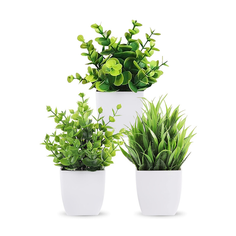 3Pcs 6.69in/17cm Artificial Plant Flowerpot Artificial Plastic Eucalyptus Plant Wheat Grass Shrub Plant Indoor Desk Coffee Table Bathroom Bedroom Home Decoration
