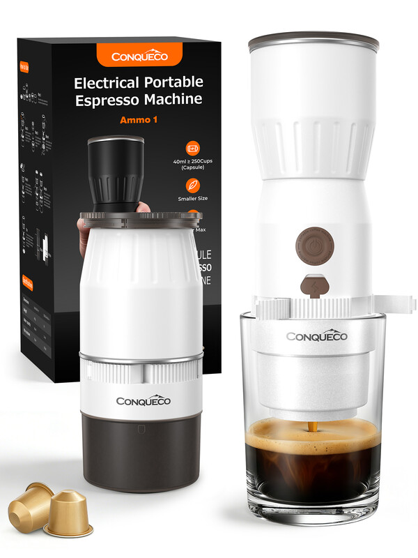 CONQUECO Tragbare Espressomaschine für Unterwegs: Mini Kaffeemaschine to go mit Akku - 160 ml Tassen Kaffeeextraktion der 60S - 2 in 1 für gemahlenen Kaffee und NS Kapseln (Keine Selbstheizung)