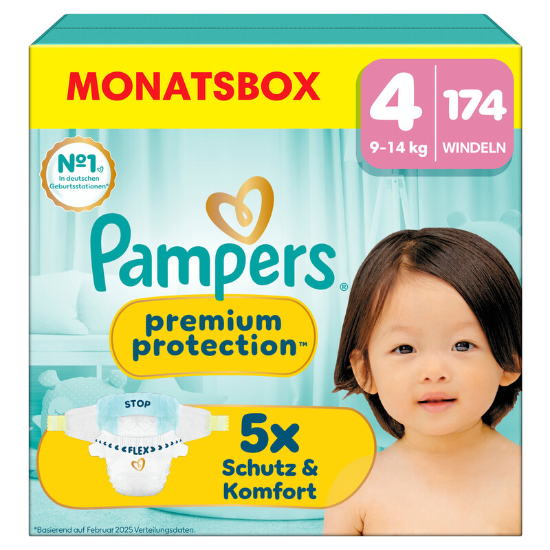 Pampers Premium Protection Größe 4, 174 Windeln, 9kg-14kg, unser Nr. 1 Haut- und Auslaufschutz
