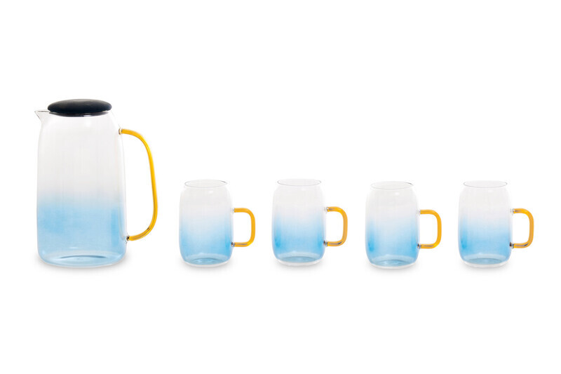 Glass Ombre Blue Pitcher & Cup Set, Delicate Glass Jug Set With Amber Handles, Spacio