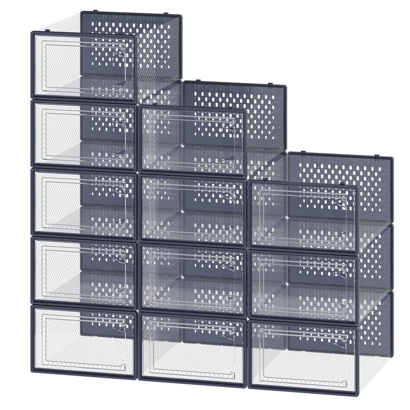 JOYFURNOS Set van 12 stapelbare sneakers opbergdozen, transparante plastic schoenenorganizers voor kledingkast, transparant en blauw