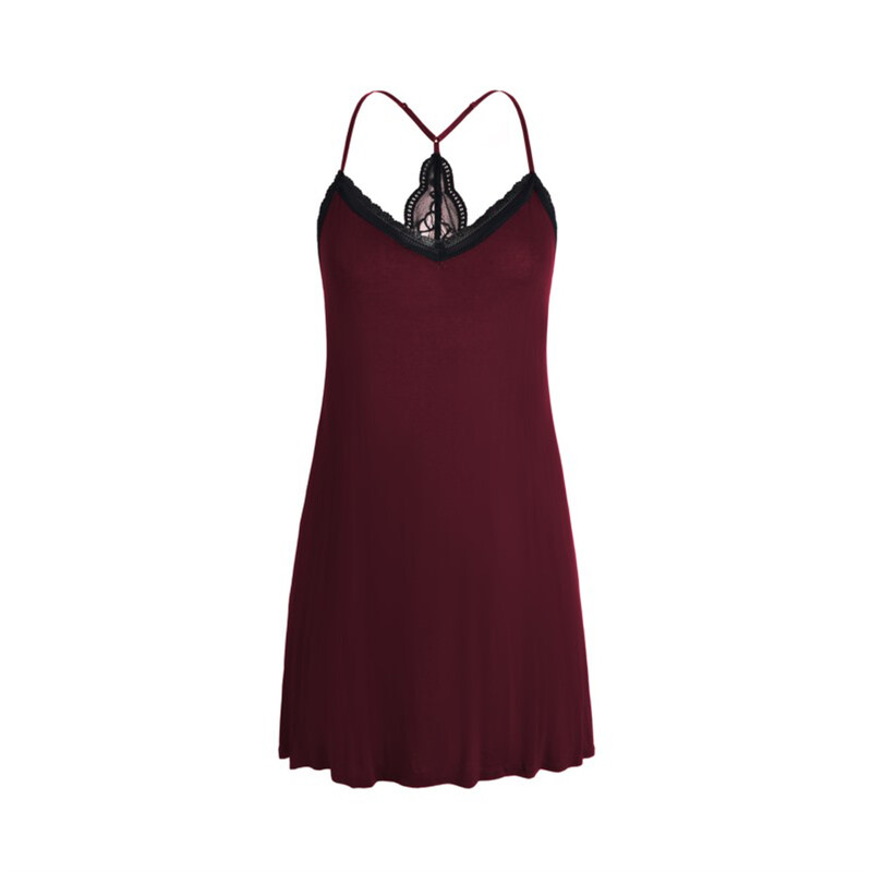 collar narrow lace and wide lace back v-neck wine red suspender dress S