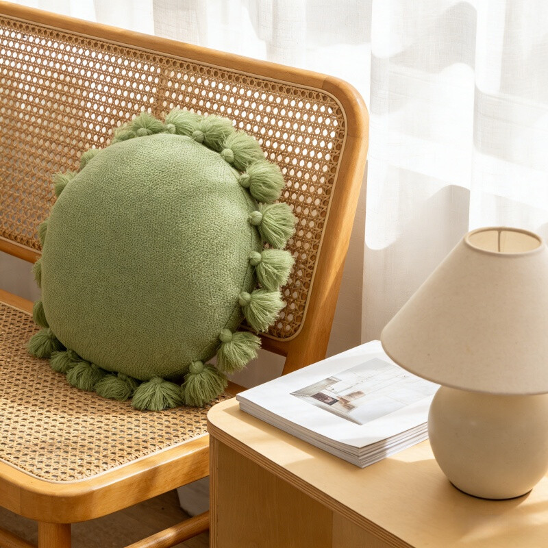 , Acrylic Fringed Round Cushion, 45x45cm, green, 1pack