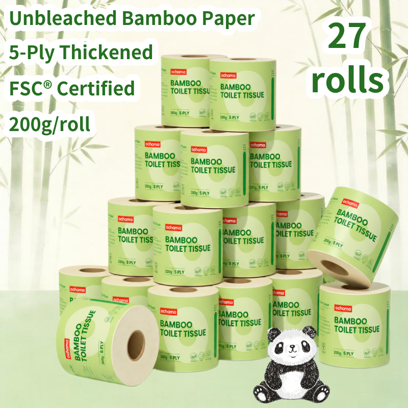 Ochama Bambus-Toilettenpapier, 5-lagig, 200 g, 27 Rollen, Ungebleichtes Bambuszellstoffpapier, FSC-zertifiziert, Verdicktes Toilettenpapier mit Hülse, Familienpackung