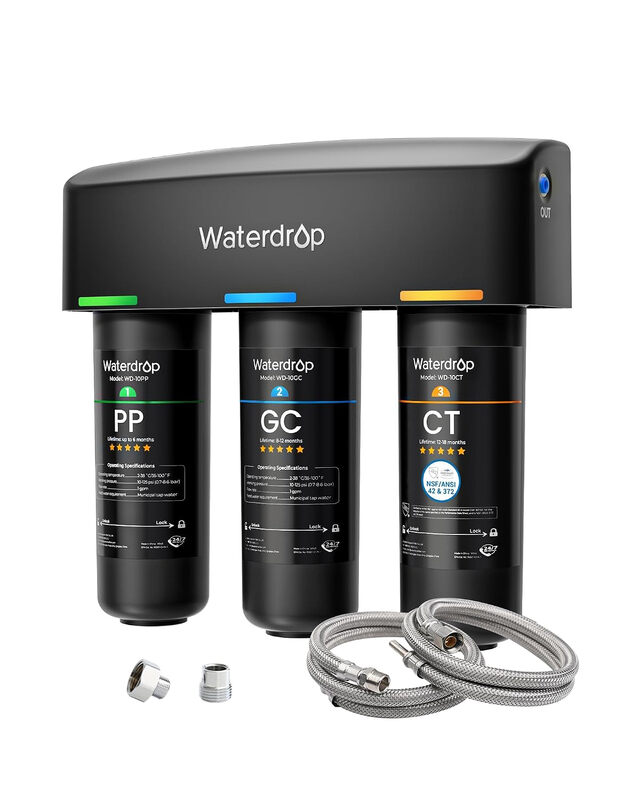 Waterdrop TSA Untertisch-Wasserfiltersystem, 3-Stufen 0,5-Mikron-Wasserfilter für Trinkwasser, NSF/ANSI 42 zertifiziert, entfernt 99,99 % Blei, Chlor, Chloramin, Fluorid, Geruch, Direktanschluss