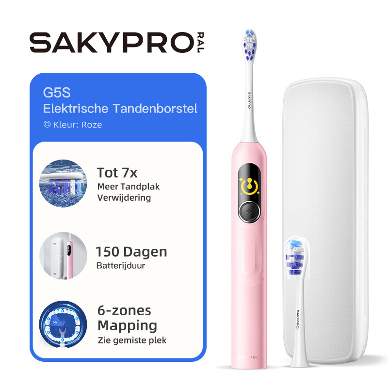 SAKYPRORAL AI Slimme Elektrische Tandenborstel voor Kinderen & Volwassenen met LED-scherm | 150 Dagen Oplaadbaar, Real-time Poetskaart | 3 Min Timer, Reisetui | Sonic Tandenborstel Cadeau voor Gezin & Kerstmis (G5S Roze)