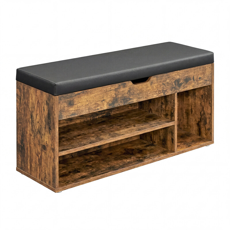 JOYFURNOS Storage Bench with Cushion, Rustic Brown Entryway Shoe Bench with 3 Hidden Compartments and Padded Seat