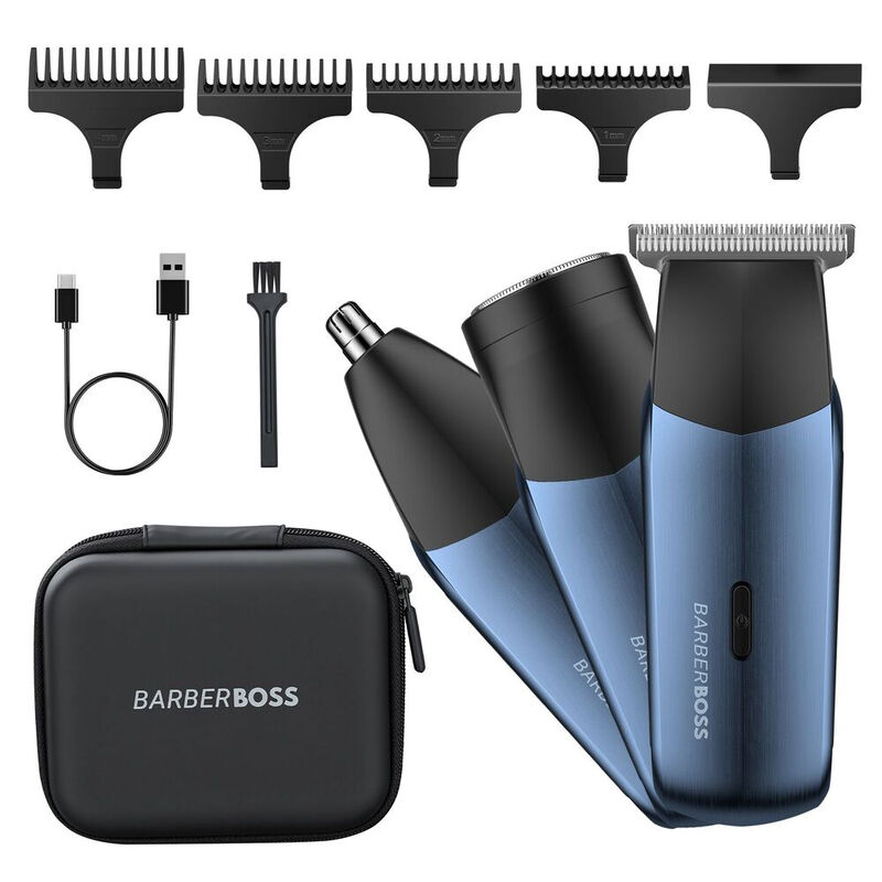 BarberBoss QR-2212 3-in-1 Reis Trimmer Set - Baardtrimmer, Neus- & Oortrimmer, Mini Scheerapparaat - Draadloos & USB Oplaadbaar - Dual-Speed Grooming Kit voor Mannen - Metallic Navy