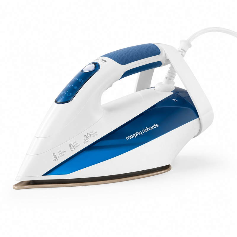 Morphy Richards MDH-IRB4E 2400-2800 W stoomstrijkijzer – 50 g/min stoom – 350 ml waterreservoir – Antidruppelsysteem – Zelfreinigend – Wit/blauw