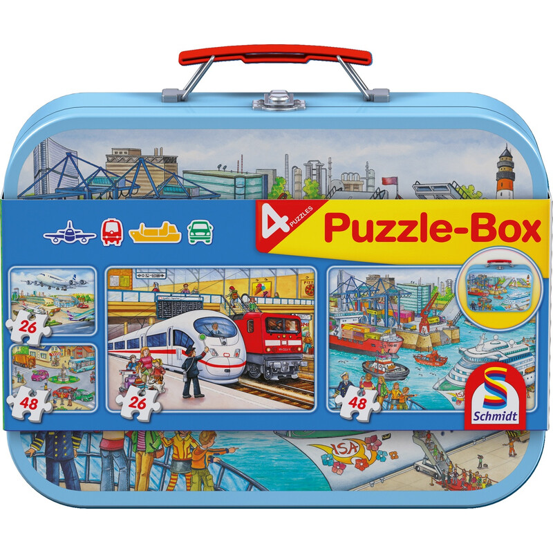 Schmidt® Spiele 56508 Kinderpuzzle Verkehrsmittel, Puzzle-Box im Metallkoffer 2 x 26 & 2x 48 Teile ab 4 Jahre