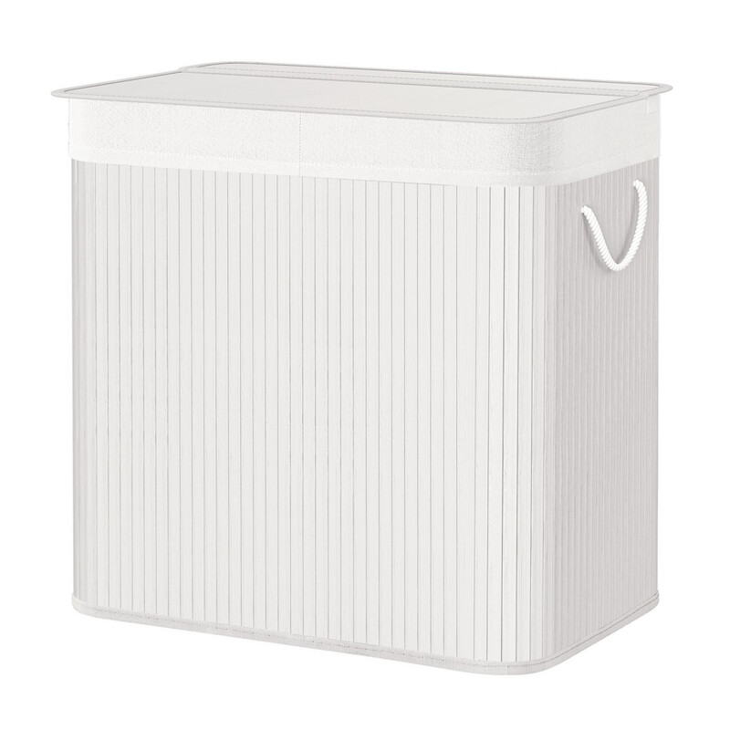 Panier à Linge 3 Compartiments, 150 L, avec Couvercle, Bambou, avec Poignées, Pliable, Sac Amovible, Blanc