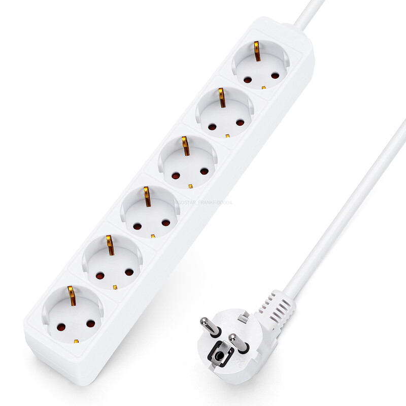 Steckdosenleiste mit Kabel/Deutsch 6-fach/3G1,5 mm²/5 m/Rechteckig/Weiß/PP