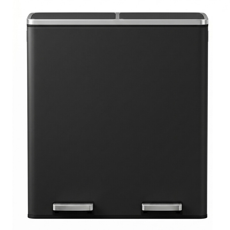 JOYFURNOS Black Dual Compartment Kitchen Bin – 2 x 30L (Waste & Recycling), 59x36.5x62.4cm, Metal Pedal Bin with Plastic Inner Buckets, Hinged Soft-Close Lids, Airtight, Handles, Includes 15 Liners
