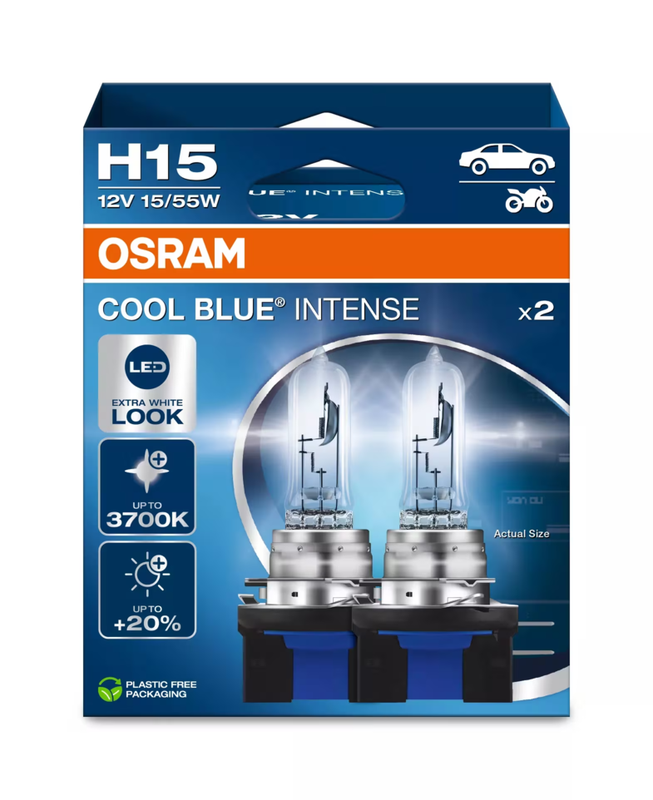 OSRAM COOL BLUE® INTENSE H15, 20% meer licht, tot 3.700K, halogeen koplamp, LED-look, 2 lampen