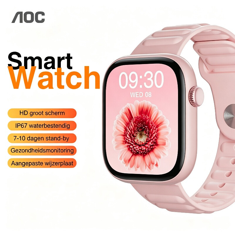 AOC T7 smartwatch, 1,83 inch groot display, hartslag-, bloedzuurstof- en slaapmonitoring, Bluetooth 5.3, IP67 waterbestendigheid, magnetisch snelladen, meerdere sportmodi, aanpasbare wijzerplaten