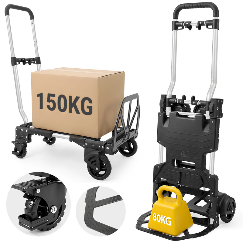 Sackwagen Klappbarer & Faltbarer Transportwagen 2-in-1, Aluminium Plattformwagen Maximale Belastbarkeit 150 kg, Transportwagen mit TPR Doppelgelenkrollen, Bremse & Ergonomischer Griff, Schwarz