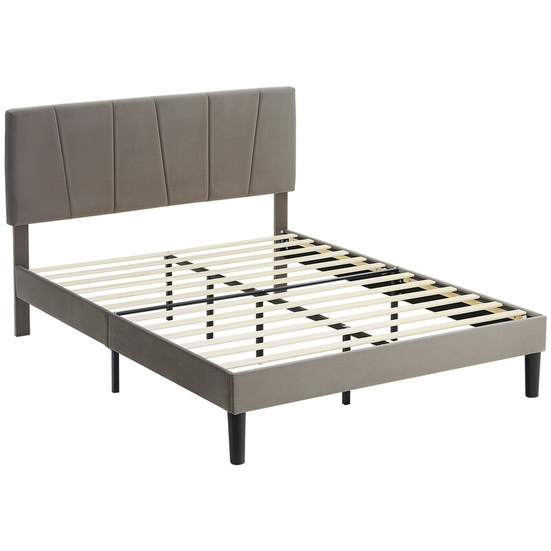 Homcom Bed Frame Channelled Velvet Grey Double