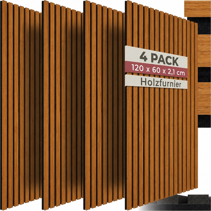 Premium Walnuss 3D Holzlamellen Akustikpaneele (4er-Set) | Umweltfreundliche Schallabsorbierende Wandkunst | Geräuschreduzierung & Echokontrolle für Home-Office & Studio