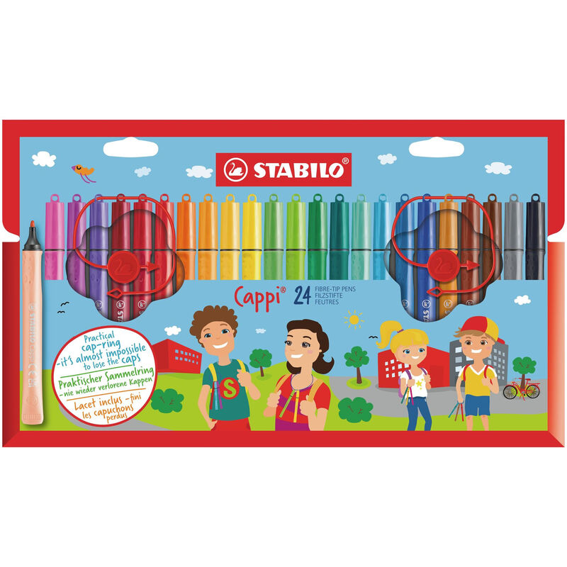 STABILO Cappi - Viltstift met dopring - Set van 24 - Assorti kleuren met 2 dopringen