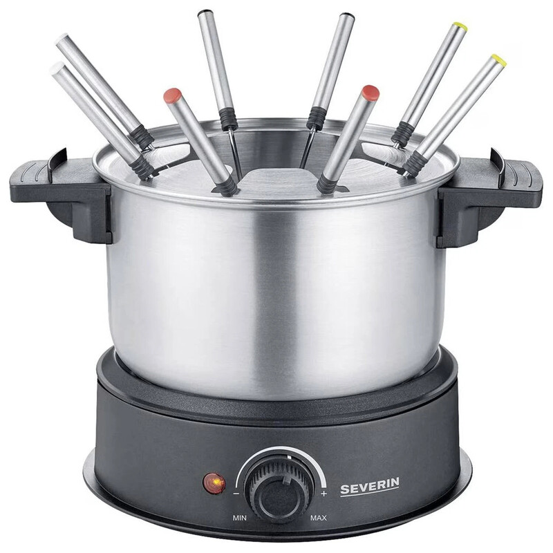 Severin Fondue, spülmaschinengeeignetes Fondueset mit 8 farblich markierten Gabeln, elektrisch, aus Edelstahl, für Käsefondue, Schokofondue …