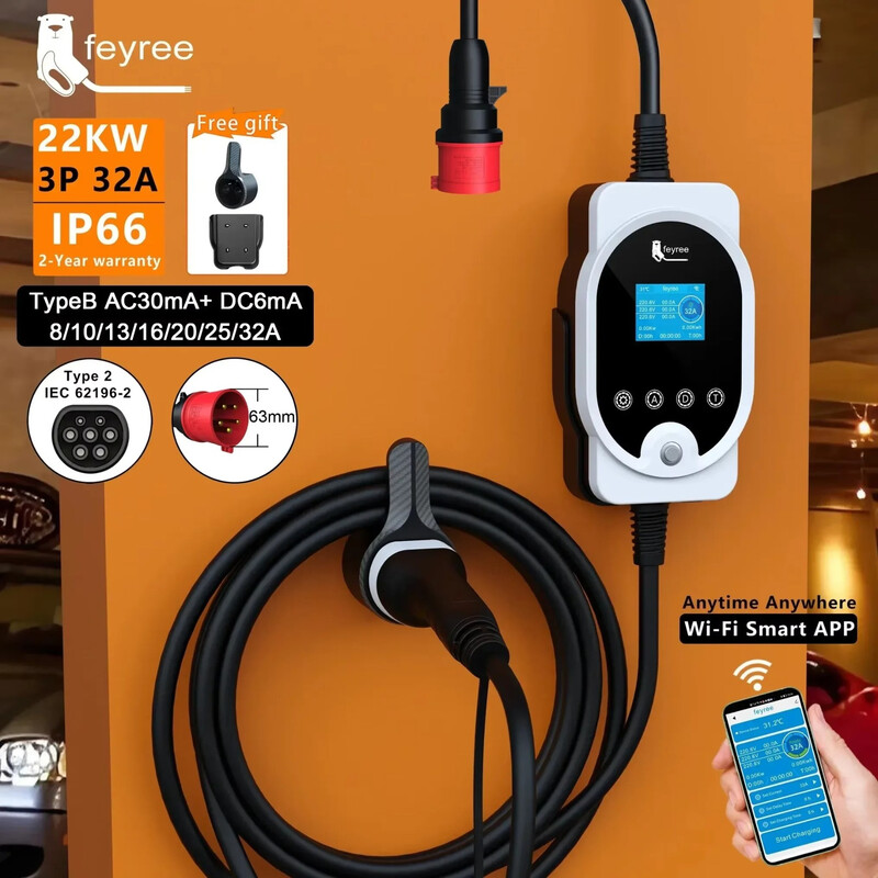 feyree 22 kW portable EV charger, Type 2 cable 32 A, 3-phase EVSE wall charger, smart charging station with WiFi app, for electric car