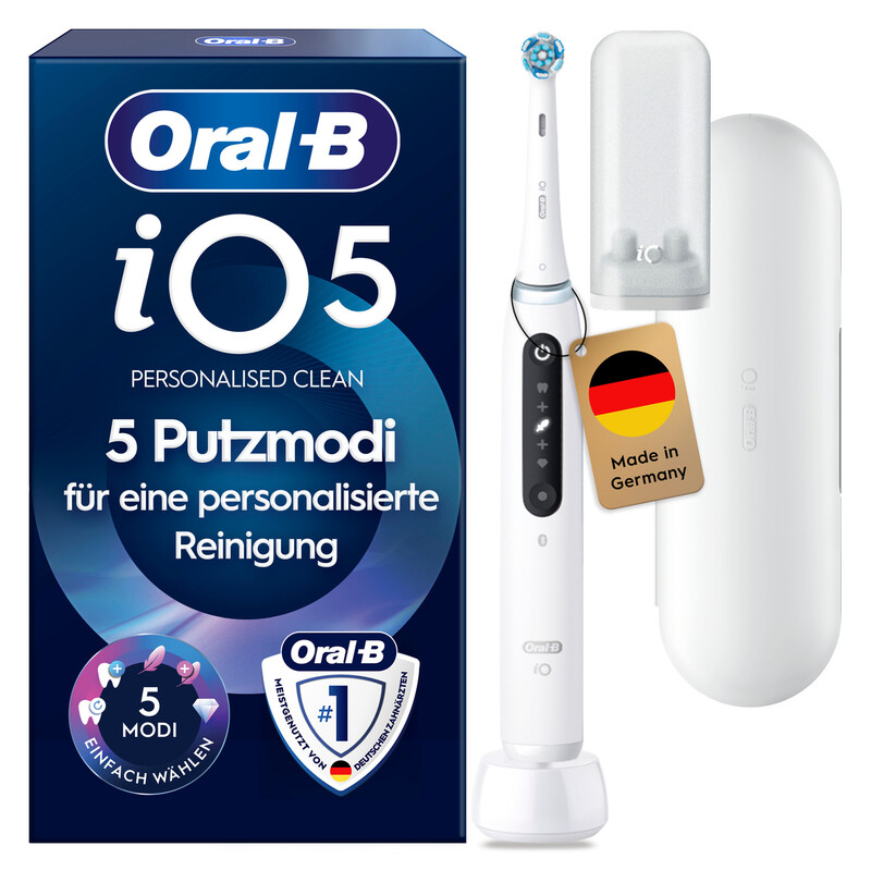 Oral-B iO Series 5 Elektrische Zahnbürste, 5 Reinigungsmodi, LED-Display und Reiseetui, Leise Weiß
