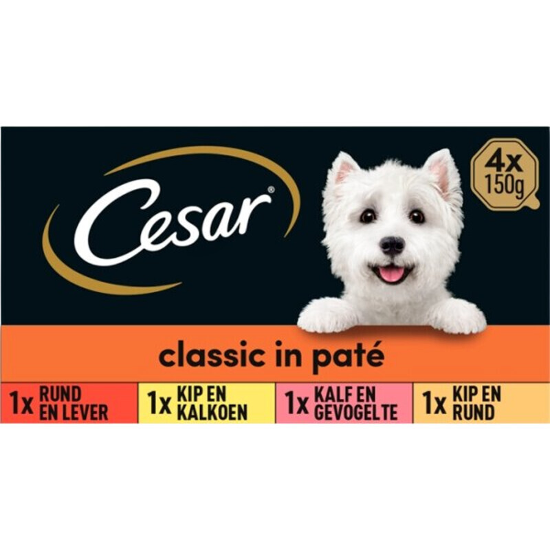 Cesar Hondenvoer Volwassen Kip&Kalkoen, Rund&Lever, Kalf&Gevogelte, Lam&Kalkoen Mix 4×150g
