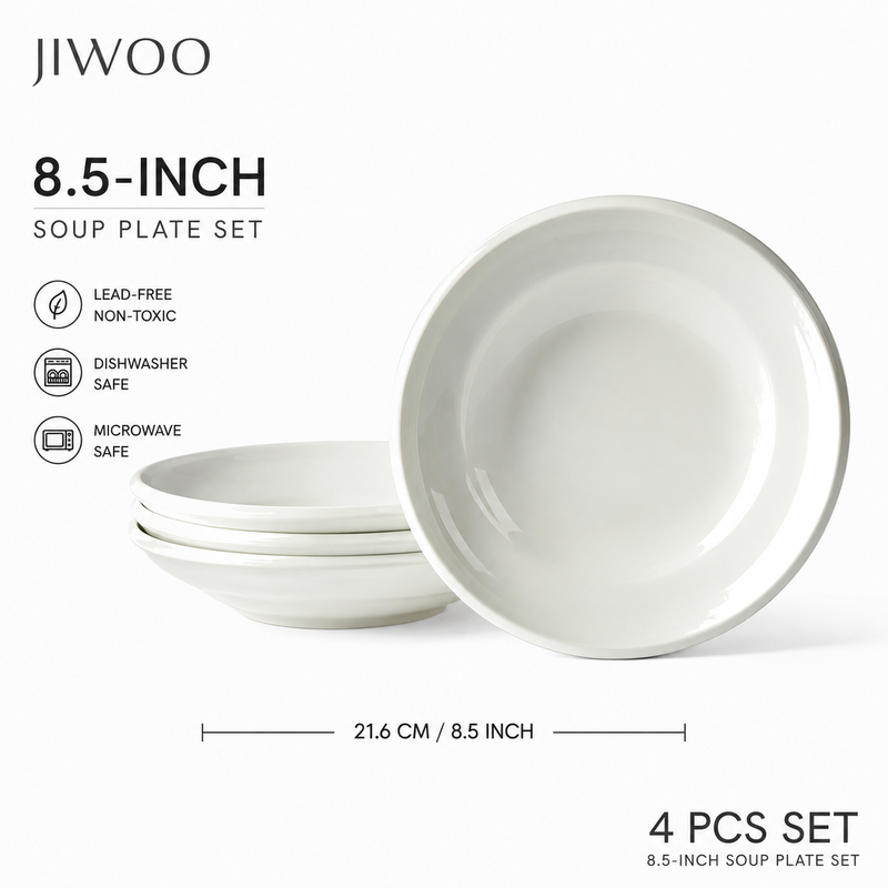 JIWOO Zen Value Family 4-teiliges Set: Brillantweißes Feines Keramik 8,5 Zoll Suppenteller Set