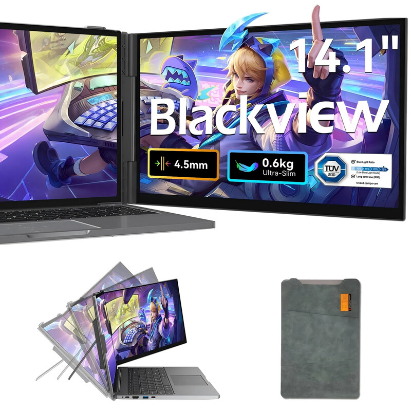Blackview SCM6 Laptop-Bildschirmerweiterung (600 g, 4,5 mm) - 14" FHD IPS Augenfreundlicher Tragbarer Monitor für Laptops, Integrierter Ständer, Doppeldisplay für 13"-17" Laptops, Plug & Play für Mac/Windows/Android
