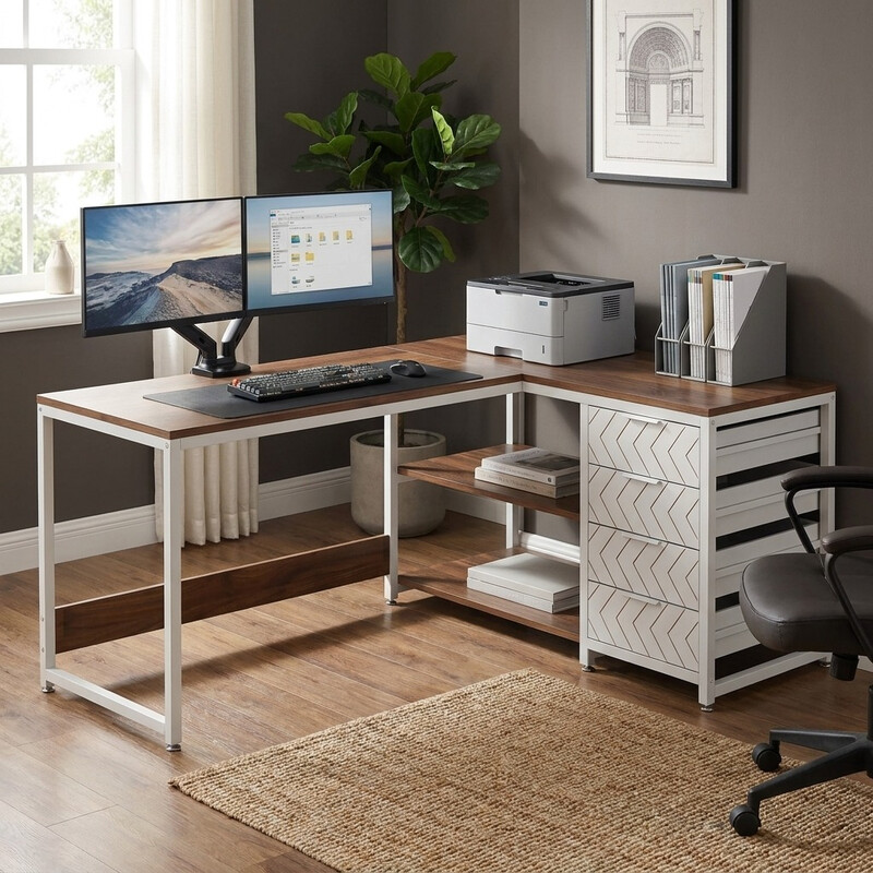 LANTINE Schreibtisch mit 4 Schubladen, L-förmiger Computertisch mit 2 Ablagen, Wendbarer Eckschreibtisch für Büro, Arbeitszimmer, Wohnzimmer, 150*110 x 75 cm (Walnuss & Weiß)