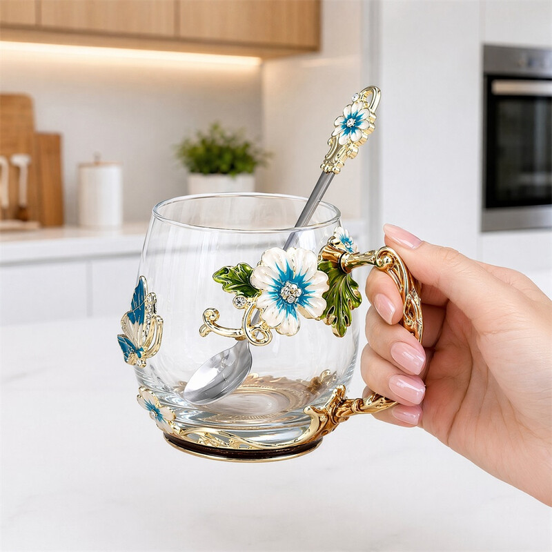 Huacan emaille gekleurd glazen kopje, lichte luxe stijl, high-end theekopje, creatief koffiekopje, geschikt om cadeau te geven, waterbeker met lepel 350 ml