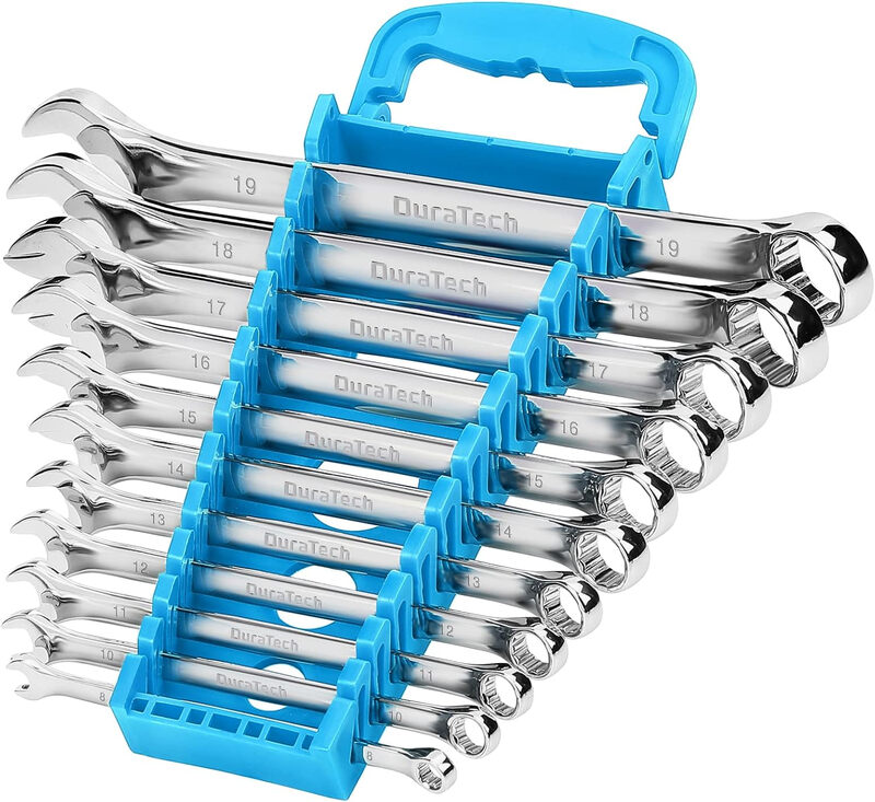 DURATECH 12-teiliges Kombizangen-Set, 6-22 mm, Cr-V-Stahl, 15°-Abweichung, 12-teilige Doppelkombizangen, Chrom-Vanadium, Chrom-Finish, Rostbeständig mit aufrollbarem Beutel