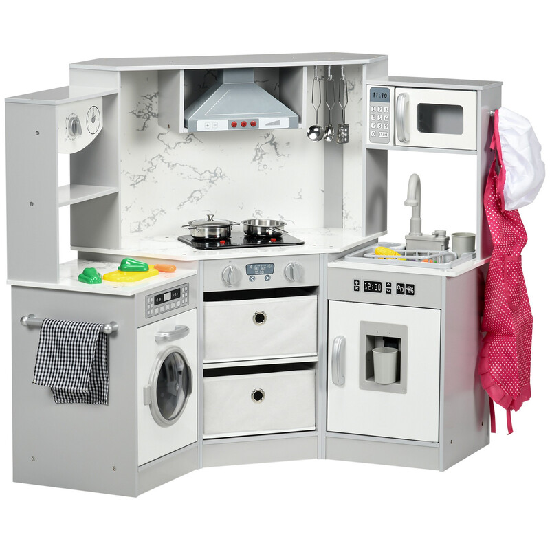 350-148V00GY AIYAPLAY Kids Corner Kitchen, Toy Play Kitchen, Role Play Toddler Kitchen with Running Water, Lights, Sounds, Apron and Chef Hat, Water Dispenser, Sink, Utensils, Ages 3-6 Years, Grey