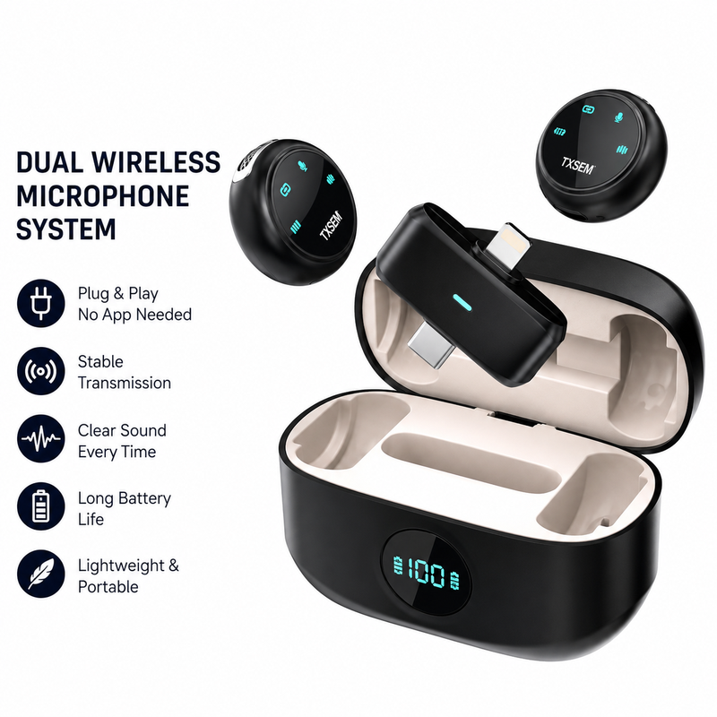 Verbex K31Pro-Black Dual Microphone Magnetic Wireless Button Clip-on Lavalier Microphone, Compatible with iOS and Type-C Interfaces