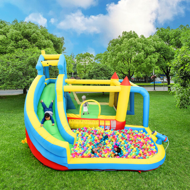 Kinder Hüpfburg, 5 in 1 Aufblasbare Hüpfburg für Kinder von 3-10 Jahren, Outdoor Castle Bouncer mit Rutsche Sprungbereich Wasserpool Fußballnetz,
