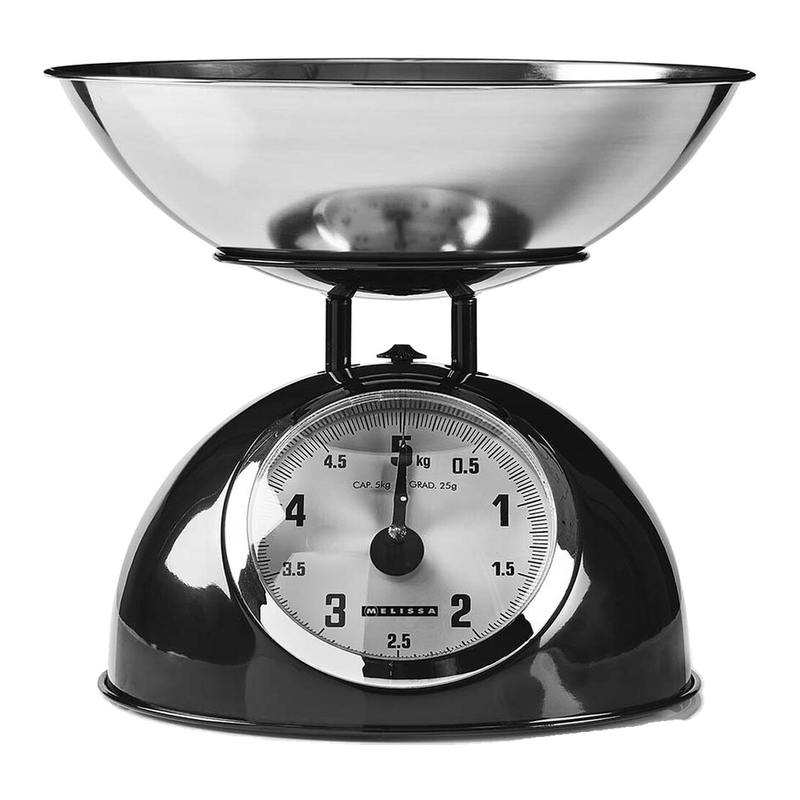 MELISSA Retro keukenweegschaal | Analoog | Metalen behuizing | Uitneembare kom | Max. 5 kg | 25 g-stappen | Zwart