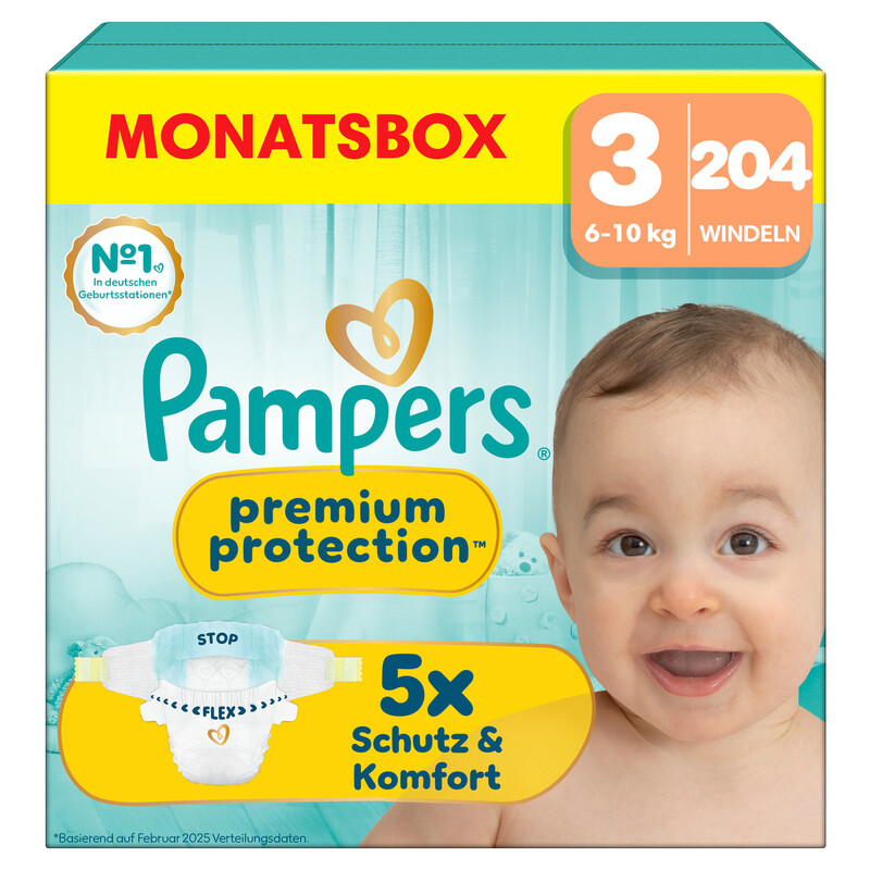Pampers Premium Protection Größe 3, 204 Windeln, 6Kg-10Kg, Unser Nr. 1 Haut- Und Auslaufschutz