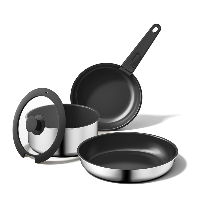 naturepan 5-teiliges antihaftbeschichtetes Kochgeschirr-Set, Diamant-Titan-Keramikbeschichtung, 3-lagige Edelstahltopfe und -pfannen mit abnehmbarem Griff, Spülmaschinenfest, Induktionsgeeignet, Backofengeeignet, Schwarz