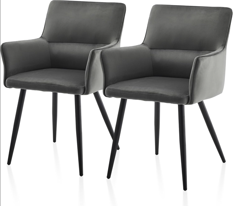 CLIPOP Leisure Dining Chairs Set of 2 Velvet Upholstered Seat Kitchen Chairs with Armrests, Backrest and Metal Legs,0324 grey 55*52*83 cm
