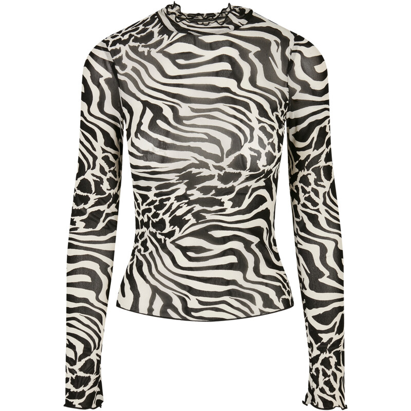 Urban Classics Damen AOP Mesh Turtleneck Langarmshirt Weiß/Schwarz
