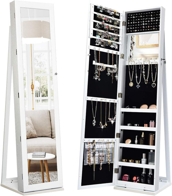 3-in-1 360° Swivel Mirrored Jewelry Armoire with Display Shelves-White