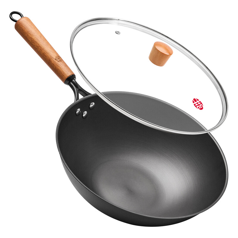 WANGYUANJI 12.6" Spin-Textured Carbon Steel Wok with Glass Lid — Flat Bottom, No Coating, For All Cooktops