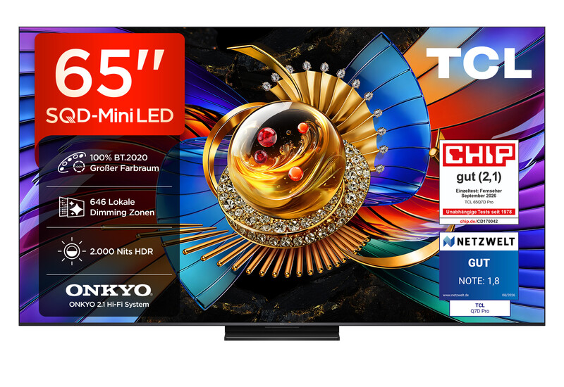 TCL 65Q7D PRO 65 Zoll 4K SQD-Mini LED TV, 100 % BT.2020, 646 lokale Dimming-Zonen, 2.000 Nits HDR, Anti-Reflexion, 144 Hz, Dolby Vision IQ & Dolby Atmos, Google TV