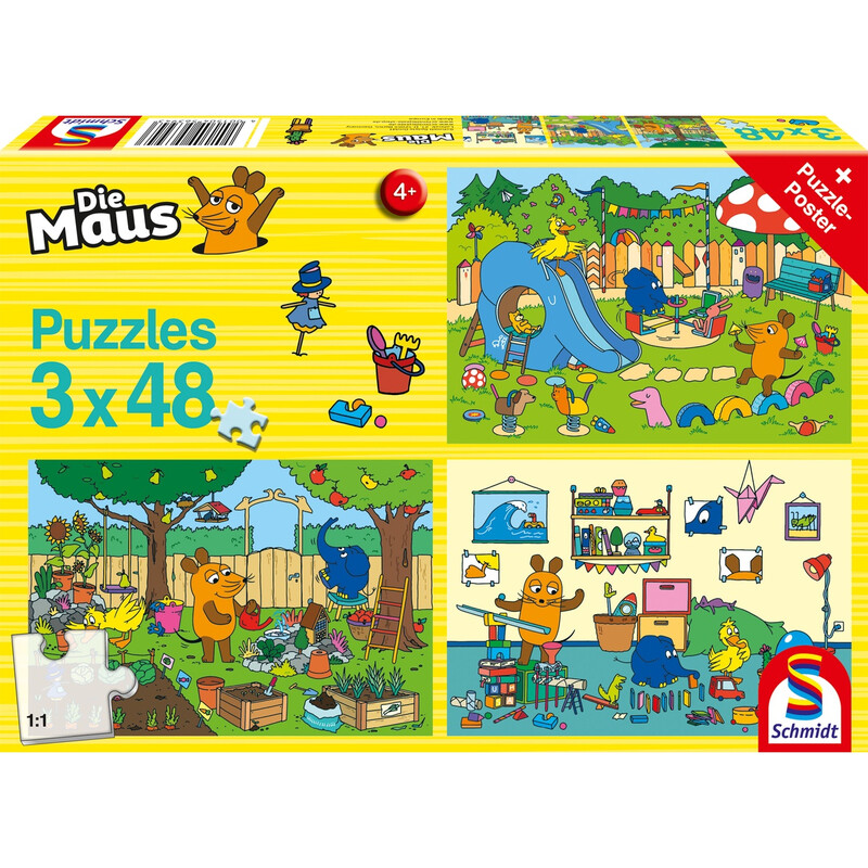 Schmidt® Spiele 56394 Kinderpuzzle Ein Tag mit der Maus 3x48 Teile ab 4 Jahre