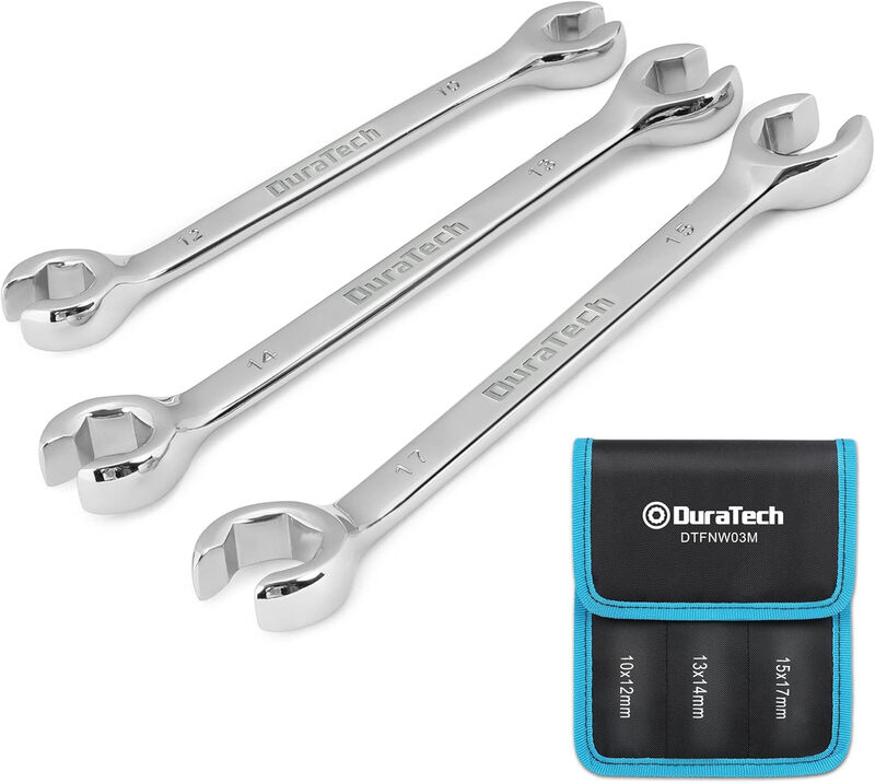 DURATECH 3-teiliges Bremsschlauch-Spreiznuss-Wrench-Set, 10-17 mm, Cr-V-Stahl | Doppelt offenes Ringdesign, Chrom-Vanadium-Stahl, Spiegelglanz-Finish, 15-Grad-Abweichung, Bremsschlauch, Metrisch, Aufbewahrungstasche
