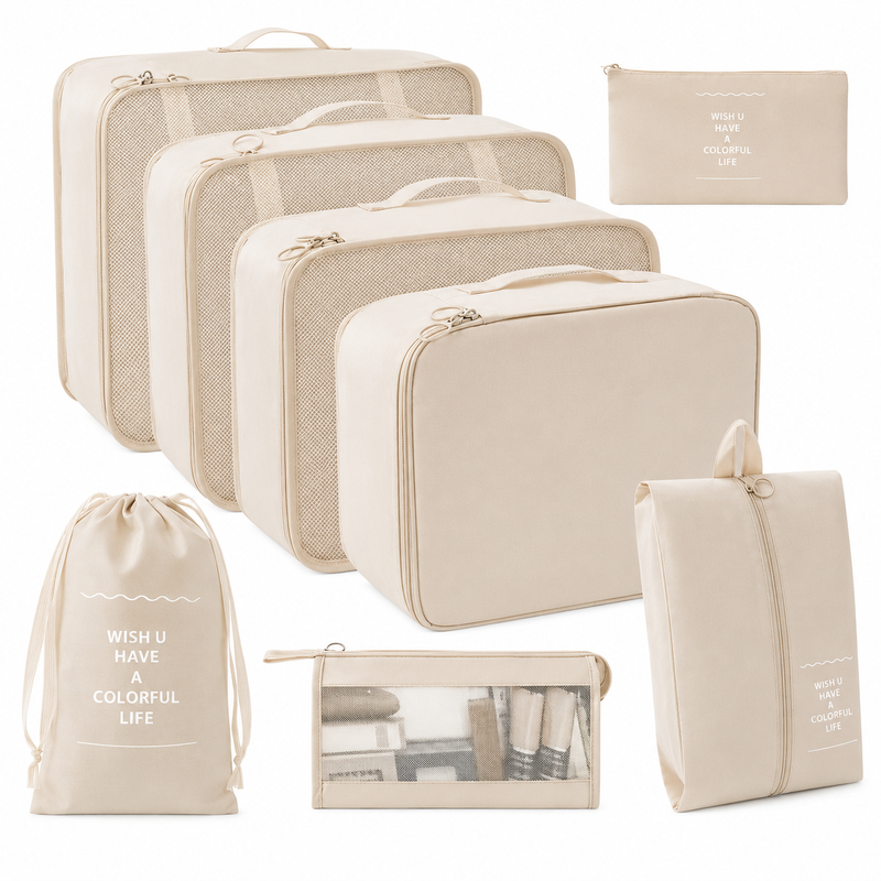 VoxorAI – Beliebte Beige-Reisetaschen, Taschen zum Aufbewahren von Kleidung, Kosmetiktaschen sowie komplette Reiseausstattungen mit acht Teilen
