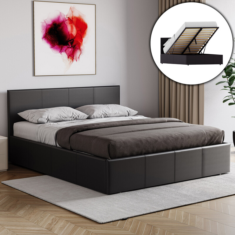 Vida Designs Lisbon Faux Leather Ottoman Double Bed Frame in Black for Smart Underbed Storage Solutions