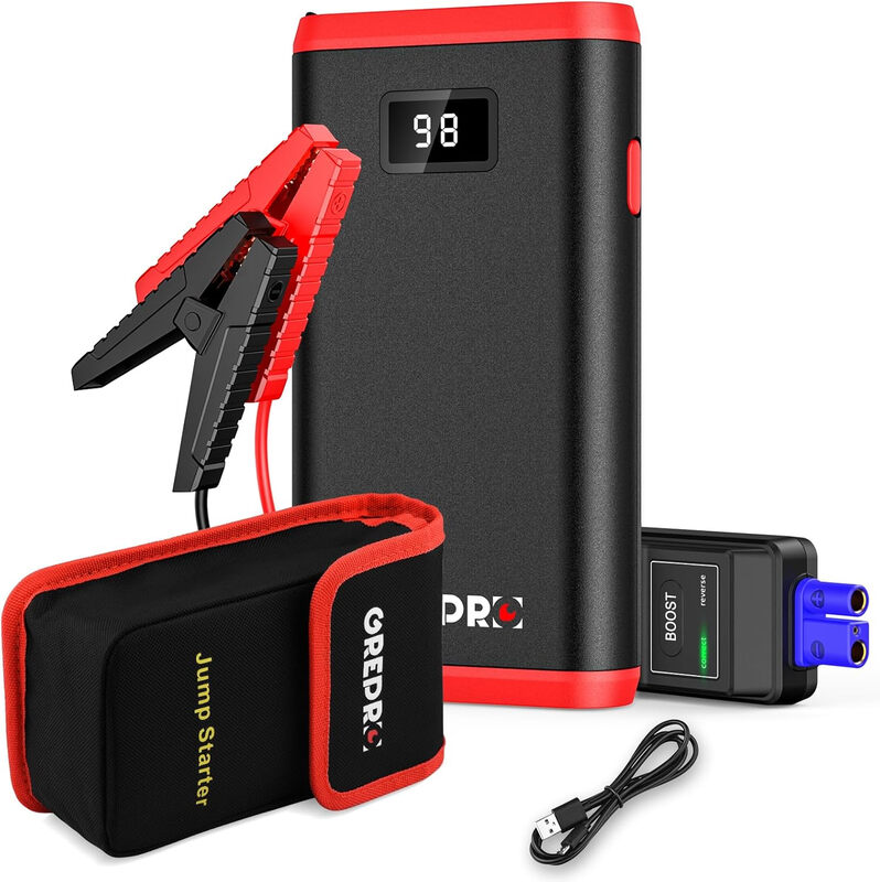 GREPRO 4000 A Jump Starter Power Pack, Noodstarthulp voor Autoaccu’s voor 12 V Voertuigen en Motorfietsen (tot 7,0 L Benzine/5,0 L Diesel) met LCD-scherm, LED-zaklamp en Draagtas