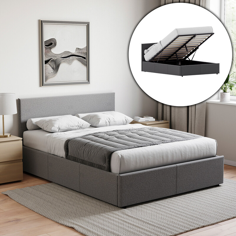 Vida Designs Veronica Linen Ottoman Storage Bed Frame in Dark Grey Double Size for Modern Bedroom Furniture